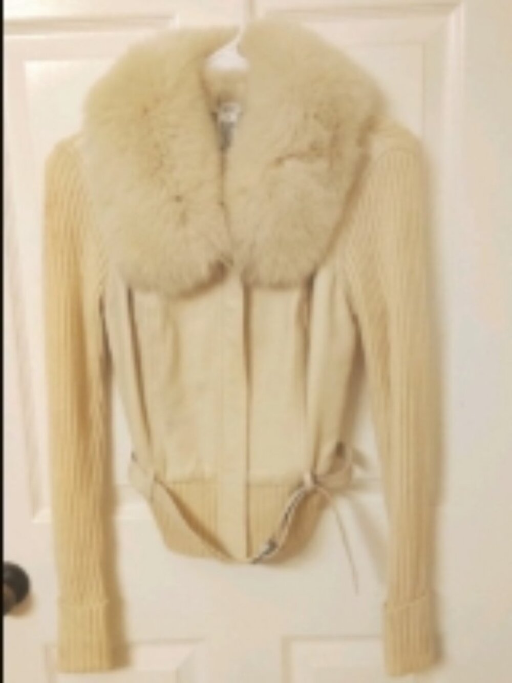 Cache Sz S Fox Fur Leather Beige Cream Sweater Jacket
